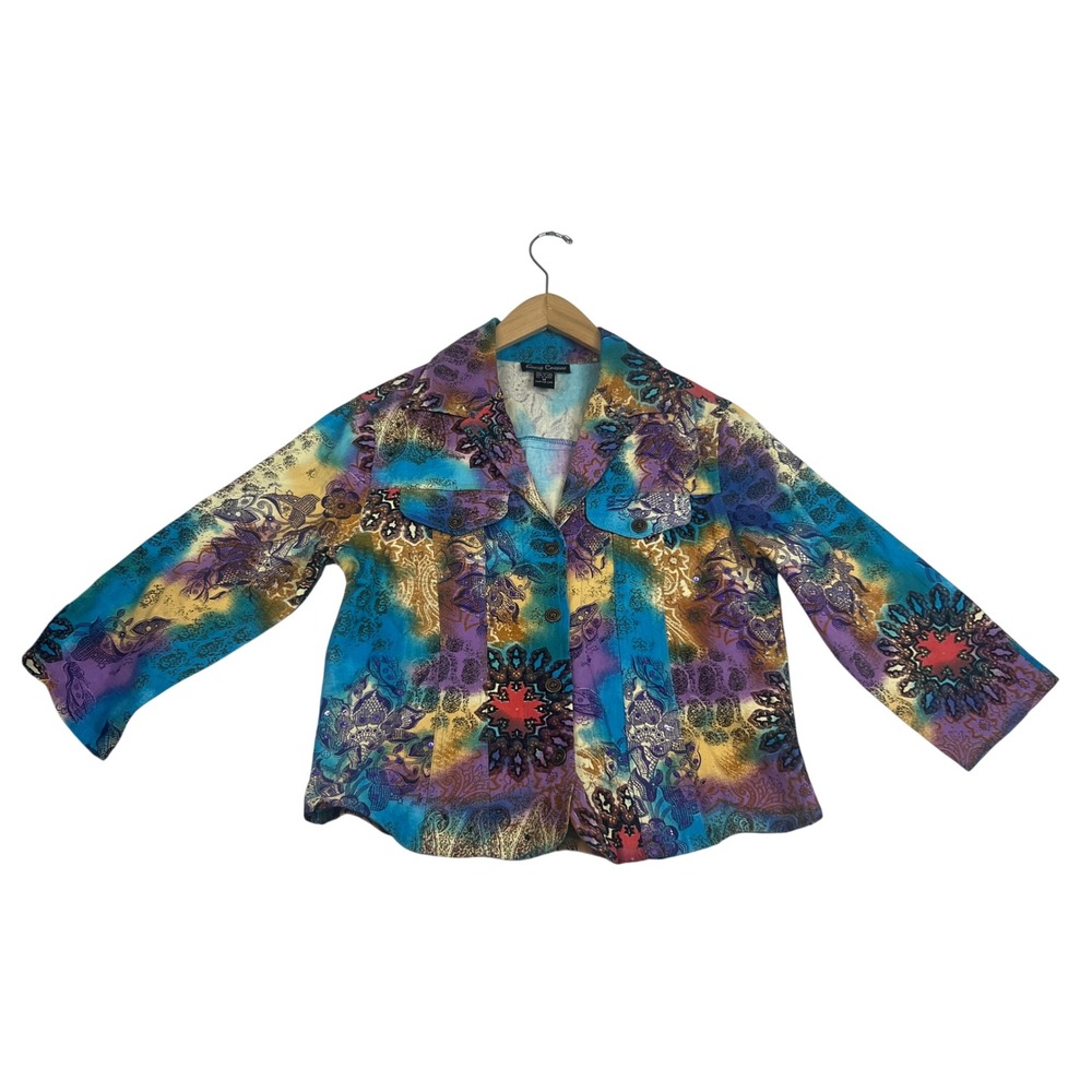 Gaudy Couture Womens Medium Multicolor Paisley Sequin Cotton Button Front Shirt